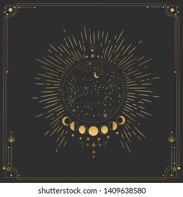 Vector illustration set of moon phases. Different stages of moonlight activity in vintage engraving style. Zodiac Signs. yellow gold