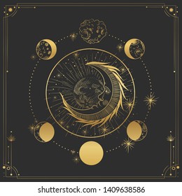 Vector illustration set of moon phases. Different stages of moonlight activity in vintage engraving style. Zodiac Signs. yellow gold