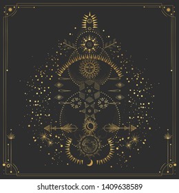 Vector illustration set of moon phases. Different stages of moonlight activity in vintage engraving style. Zodiac Signs. yellow gold