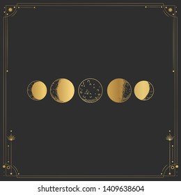 Vector illustration set of moon phases. Different stages of moonlight activity in vintage engraving style. Zodiac Signs. yellow gold
