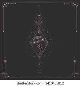 Vector illustration set of moon phases. Different stages of moonlight activity in vintage engraving style. Zodiac Signs. pink gold