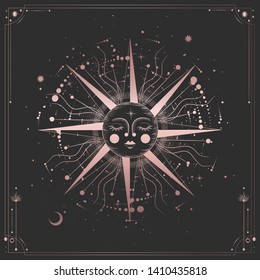Vector illustration set of moon phases. Different stages of moonlight activity in vintage engraving style. Zodiac Signs. pink gold
