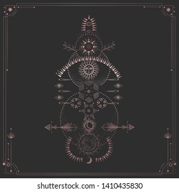 Vector illustration set of moon phases. Different stages of moonlight activity in vintage engraving style. Zodiac Signs. pink gold