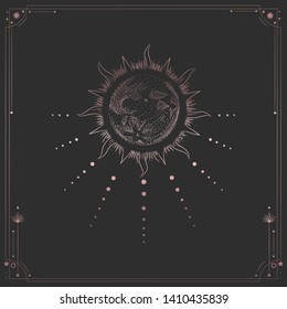 Vector illustration set of moon phases. Different stages of moonlight activity in vintage engraving style. Zodiac Signs. pink gold