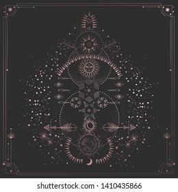 Vector illustration set of moon phases. Different stages of moonlight activity in vintage engraving style. Zodiac Signs. pink gold