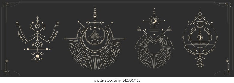 Vector illustration set of moon phases. Different stages of moonlight activity in vintage engraving style. Zodiac Signs