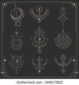 Vector illustration set of moon phases. Different stages of moonlight activity in vintage engraving style. Zodiac Signs