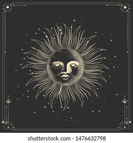 Vector illustration set of moon phases. Different stages of moonlight activity in vintage engraving style. Zodiac Signs