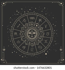 Vector illustration set of moon phases. Different stages of moonlight activity in vintage engraving style. Zodiac Signs