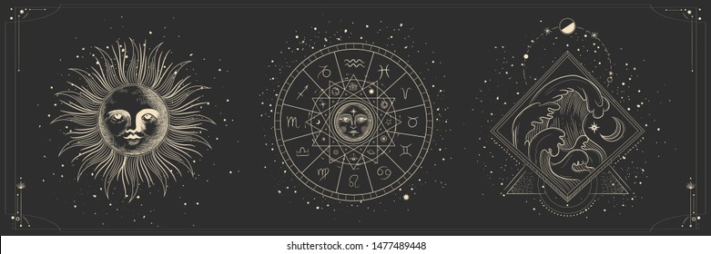 Vector illustration set moon phases  Different stages moonlight activity in vintage engraving style  Zodiac Signs