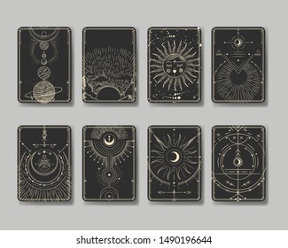 Vector illustration set of moon phases. Different stages of moonlight activity in vintage engraving style. Zodiac Signs