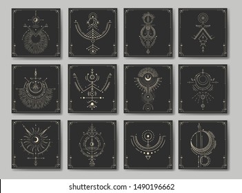 Vector illustration set of moon phases. Different stages of moonlight activity in vintage engraving style. Zodiac Signs