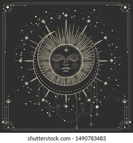 Vector illustration set of moon phases. Different stages of moonlight activity in vintage engraving style. Zodiac Signs