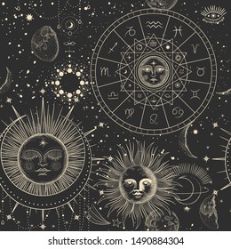 Vector illustration set of moon phases. Different stages of moonlight activity in vintage engraving style. Zodiac Signs