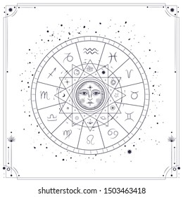 Vector illustration set of moon phases. Different stages of moonlight activity in vintage engraving style. Zodiac Signs