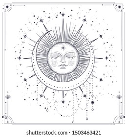 Vector illustration set of moon phases. Different stages of moonlight activity in vintage engraving style. Zodiac Signs