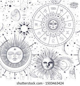 Vector illustration set of moon phases. Different stages of moonlight activity in vintage engraving style. Zodiac Signs