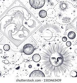 Vector illustration set of moon phases. Different stages of moonlight activity in vintage engraving style. Zodiac Signs