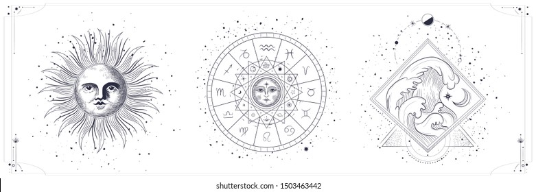 Vector illustration set of moon phases. Different stages of moonlight activity in vintage engraving style. Zodiac Signs