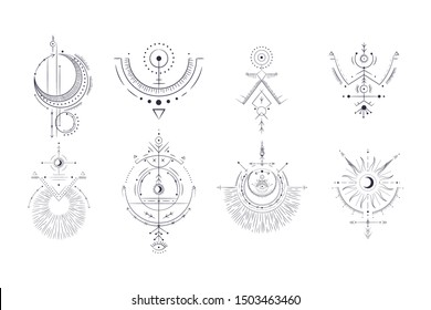 Vector illustration set of moon phases. Different stages of moonlight activity in vintage engraving style. Zodiac Signs