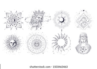 Vector illustration set of moon phases. Different stages of moonlight activity in vintage engraving style. Zodiac Signs