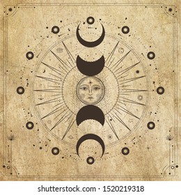 Conjunto de ilustraciones vectoriales de fases lunares. Diferentes etapas de actividad lunar en estilo de grabado vintage. Signos de Zodiaco