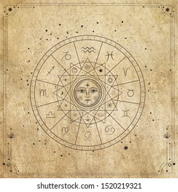 Vector illustration set of moon phases. Different stages of moonlight activity in vintage engraving style. Zodiac Signs