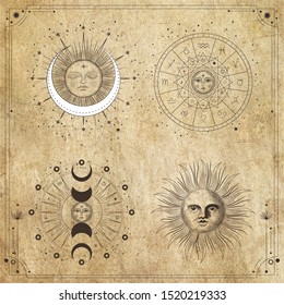 Vector illustration set of moon phases. Different stages of moonlight activity in vintage engraving style. Zodiac Signs