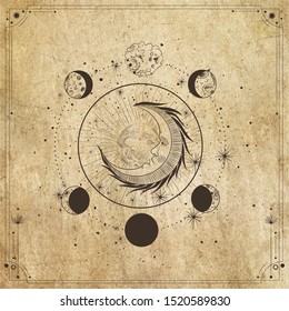 Vector illustration set of moon phases. Different stages of moonlight activity in vintage engraving style. Zodiac Signs