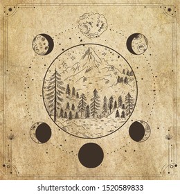 Vector illustration set of moon phases. Different stages of moonlight activity in vintage engraving style. Zodiac Signs