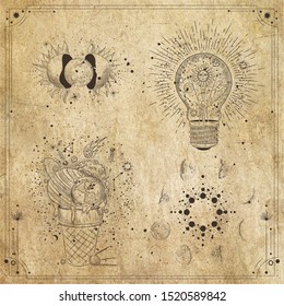 Vector illustration set of moon phases. Different stages of moonlight activity in vintage engraving style. Zodiac Signs