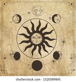 Vector illustration set of moon phases. Different stages of moonlight activity in vintage engraving style. Zodiac Signs