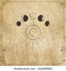 Vector illustration set of moon phases. Different stages of moonlight activity in vintage engraving style. Zodiac Signs