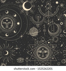 Vector illustration set of moon phases. Different stages of moonlight activity in vintage engraving style. Zodiac Signs