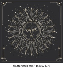 Vector illustration set of moon phases. Different stages of moonlight activity in vintage engraving style. Zodiac Signs