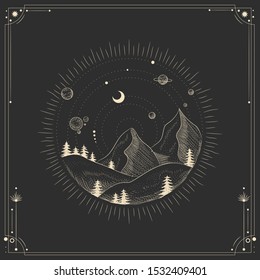 Vector illustration set of moon phases. Different stages of moonlight activity in vintage engraving style. Zodiac Signs