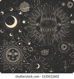 Vector illustration set of moon phases. Different stages of moonlight activity in vintage engraving style. Zodiac Signs