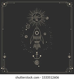 Vector illustration set of moon phases. Different stages of moonlight activity in vintage engraving style. Zodiac Signs