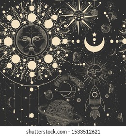 Vector illustration set of moon phases. Different stages of moonlight activity in vintage engraving style. Zodiac Signs