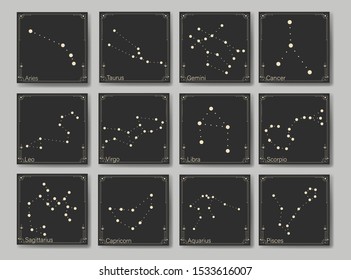 Vector illustration set of moon phases. Different stages of moonlight activity in vintage engraving style. Zodiac Signs