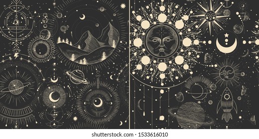 Vector illustration set moon phases  Different stages moonlight activity in vintage engraving style  Zodiac Signs