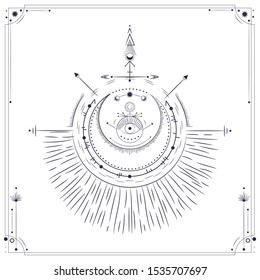 Vector illustration set of moon phases. Different stages of moonlight activity in vintage engraving style. Zodiac Signs