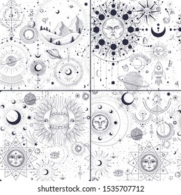 Vector illustration set of moon phases. Different stages of moonlight activity in vintage engraving style. Zodiac Signs