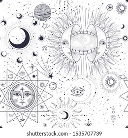 Vector illustration set of moon phases. Different stages of moonlight activity in vintage engraving style. Zodiac Signs