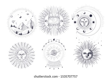 Vector illustration set of moon phases. Different stages of moonlight activity in vintage engraving style. Zodiac Signs