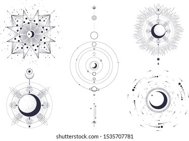 Vector illustration set of moon phases. Different stages of moonlight activity in vintage engraving style. Zodiac Signs