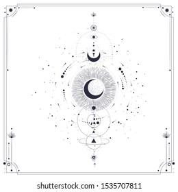 Vector illustration set of moon phases. Different stages of moonlight activity in vintage engraving style. Zodiac Signs