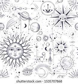 Vector illustration set of moon phases. Different stages of moonlight activity in vintage engraving style. Zodiac Signs