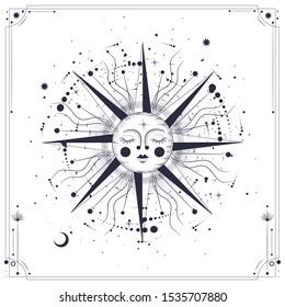 Vector illustration set of moon phases. Different stages of moonlight activity in vintage engraving style. Zodiac Signs