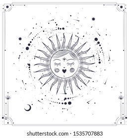 Vector illustration set of moon phases. Different stages of moonlight activity in vintage engraving style. Zodiac Signs